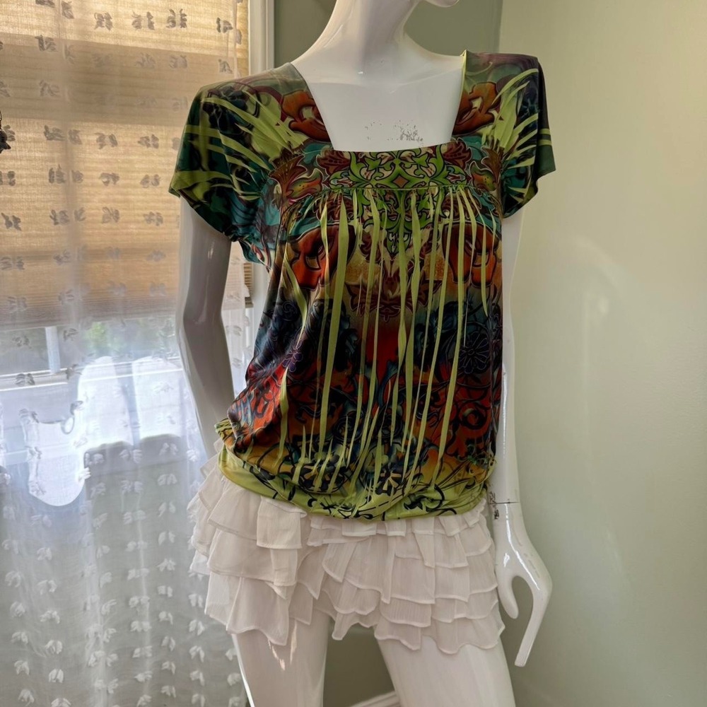 Trippy Y2K Boho Grunge Psychedelic Print Mesh-Look Top – S/M‎
